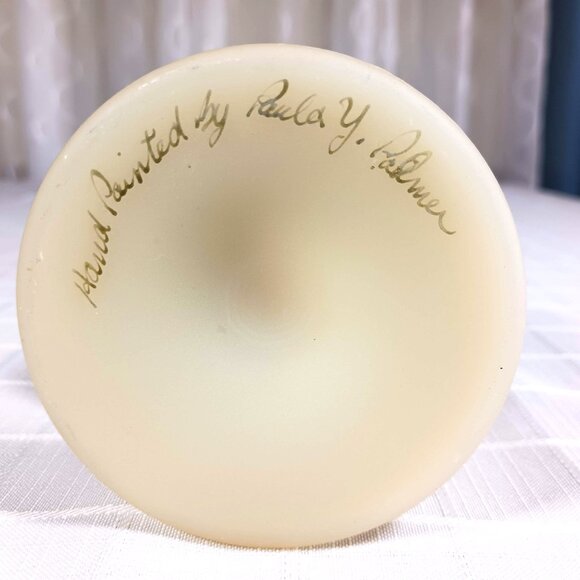 Fenton Custard Glass Vase Hand Painted Blue Flowers Signed 11" High - Picture 6 of 6